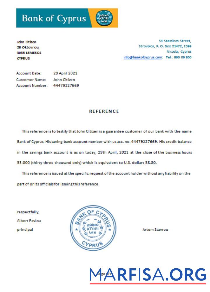 Printable Cyprus Bank of Cyprus reference download for verification